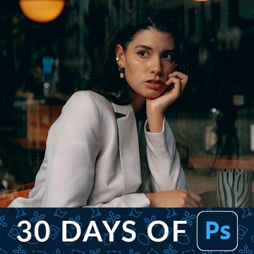 A woman leaning on her hand indoors against a moody city window backdrop, with a "30 Days of Ps" banner — Advanced Skin Retouching in Photoshop – Day 24 tutorial thumbnail