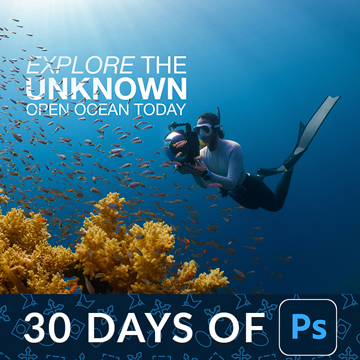 A scuba diver near coral underwater with "Explore The Unknown, Open Ocean Today" text overlay, with a "30 Days of Ps" banner — How to Use Dynamic Text in Photoshop – Day 14 tutorial thumbnail