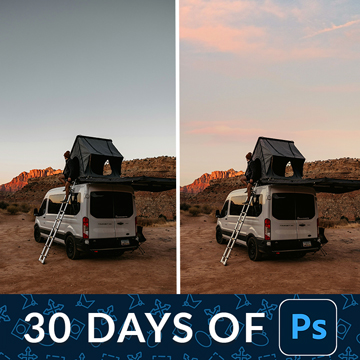 A before/after of a camper van with a rooftop tent parked in a desert landscape with the sky adjusted, with a "30 Days of Ps" banner — How to Use Blend If in Photoshop – Day 17 tutorial thumbnail