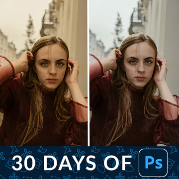 A before/after of a woman touching her hair in front of building columns with color corrected, with a "30 Days of Ps" banner — How to Color Correct a Photo in Photoshop – Day 20 tutorial thumbnail
