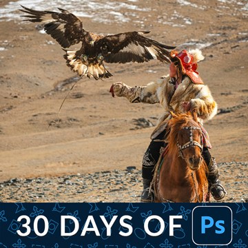 A before/after of a falconer on horseback with a golden eagle landing on his glove in the desert, with a "30 Days of Ps" banner — Lightroom vs Photoshop: Which One Should You Edit In – Day 29 tutorial thumbnail