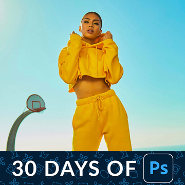 A woman in a yellow outfit posing near a basketball hoop against a blue sky, with a "30 Days of Ps" banner — How to Use the Liquify Tool in Photoshop – Day 15 tutorial thumbnail