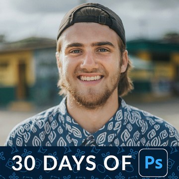 A smiling man in a backwards cap and patterned shirt with a blurred outdoor street background, with a "30 Days of Ps" banner — How to Retouch a Portrait in Photoshop – Day 23 tutorial thumbnail