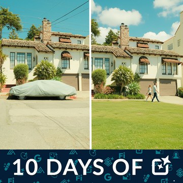 A before/after split of a Mediterranean-style house with a car cover removed from the driveway, with a "10 Days Of" campaign banner — Nano Banana and Partner Models in Photoshop – Day 7 tutorial thumbnail