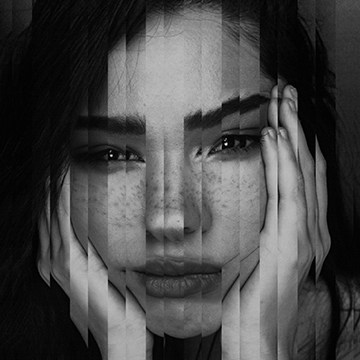 A black-and-white portrait of a woman's face broken into sliced, offset layers — How to Create a Portrait Slice Effect in Photoshop tutorial thumbnail