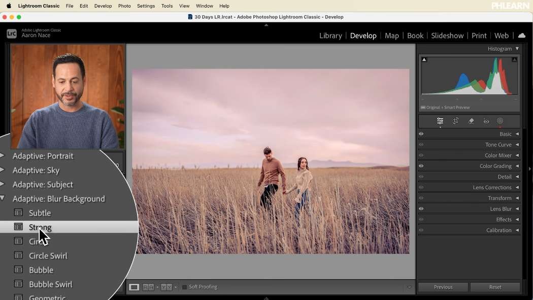 The adaptive Blur Background preset applying depth-aware background blur in Lightroom