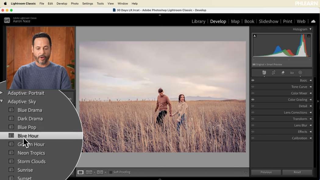 Adaptive sky presets in the Lightroom Develop module changing the color of the sky