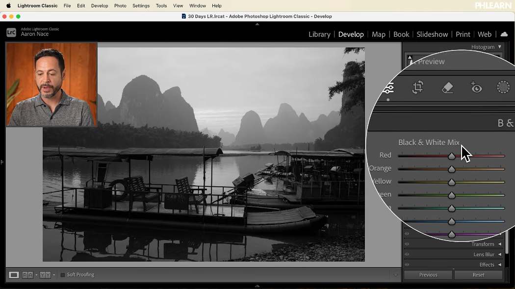 The Black and White Mix panel in Lightroom Classic with a slider for each original colour