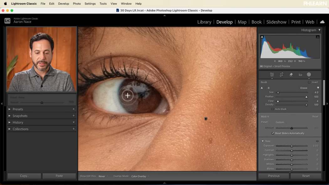 Brush mask settings for Feather, Flow and Density while enhancing eyes in Lightroom Classic