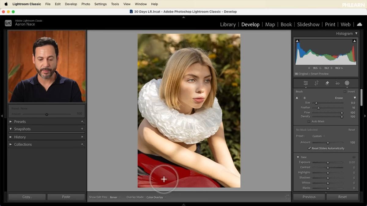 Painting a brush mask over a subject's dress in Lightroom Classic