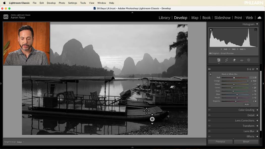 Using the targeted adjustment tool to brighten a tone directly on a black and white image in Lightroom Classic