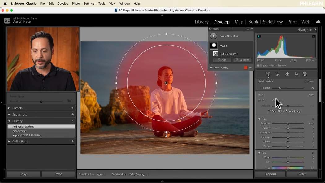 Radial gradient mask brightening the subject in the Lightroom Classic Develop module