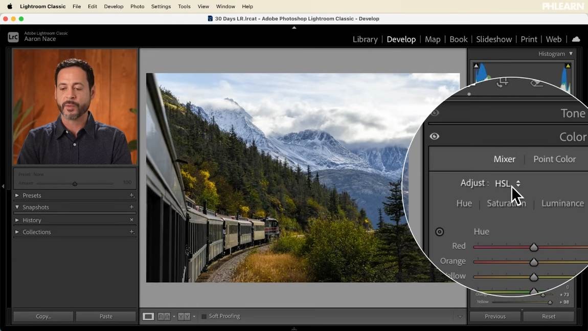 The Color Mixer switched to Color mode in Lightroom Classic, showing per-color swatches