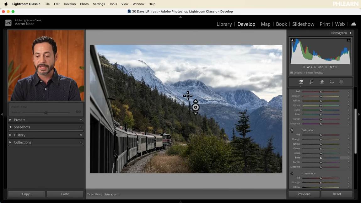The targeted adjustment tool in the Lightroom Classic Color Mixer highlighting which sliders a colour belongs to