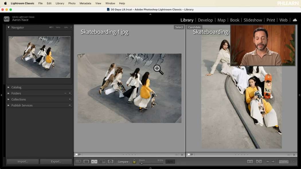 Compare view in Lightroom Classic showing a select and a candidate side by side