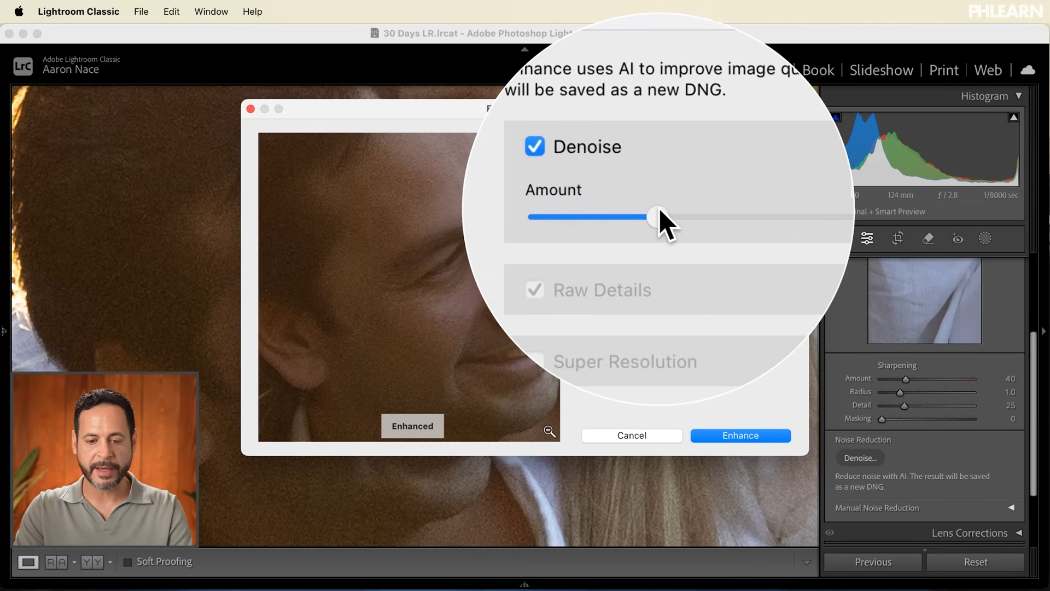 The Enhance preview window with the Denoise Amount slider in Lightroom Classic