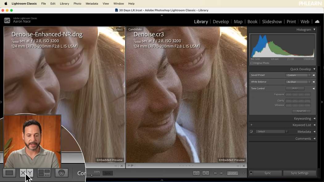 A noisy original and its denoised DNG compared side by side in Lightroom Classic