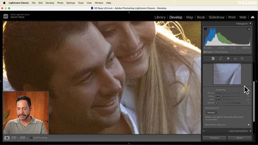 The Denoise button in the Detail panel of the Lightroom Classic Develop module