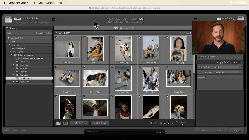 Dragging a folder of sample photos into Lightroom Classic to start an import