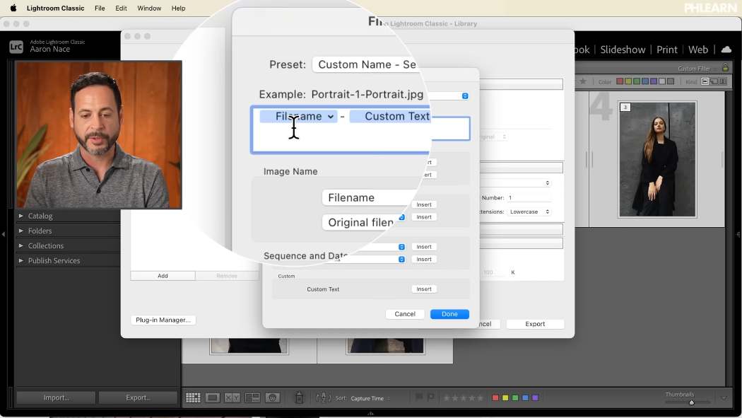 Exporting a set of virtual copies with a filename and custom text in Lightroom Classic