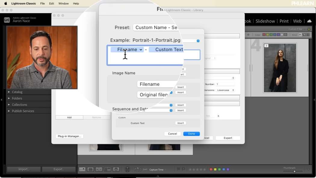 Exporting a set of virtual copies with a filename and custom text in Lightroom Classic