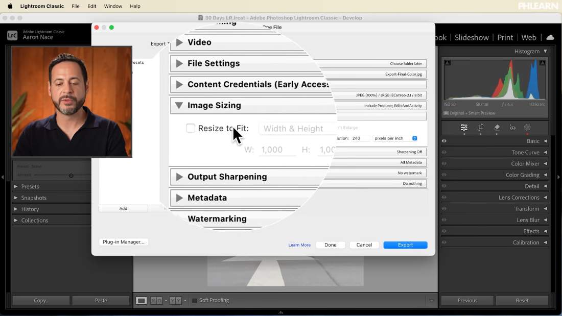 The File Settings and Image Sizing panels in the Lightroom export dialog