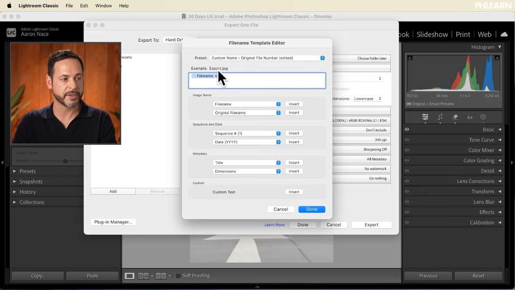 Building a custom file naming recipe in the Lightroom Filename Template Editor