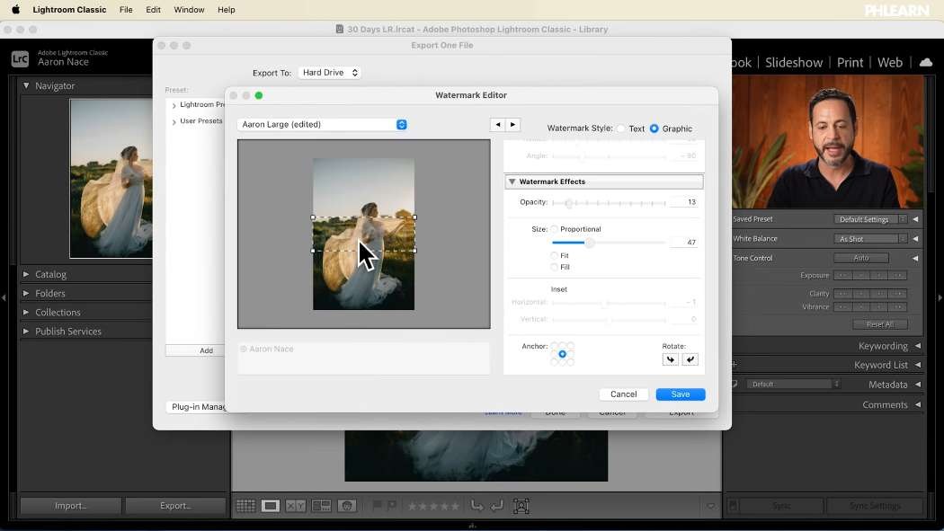 A large low-opacity logo watermark placed across the centre of a proof image in Lightroom
