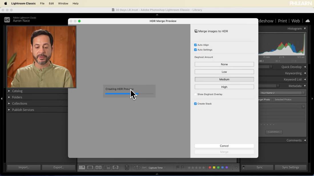 The HDR Merge Preview dialog in Lightroom Classic with Auto Align, Auto Settings and Deghost options