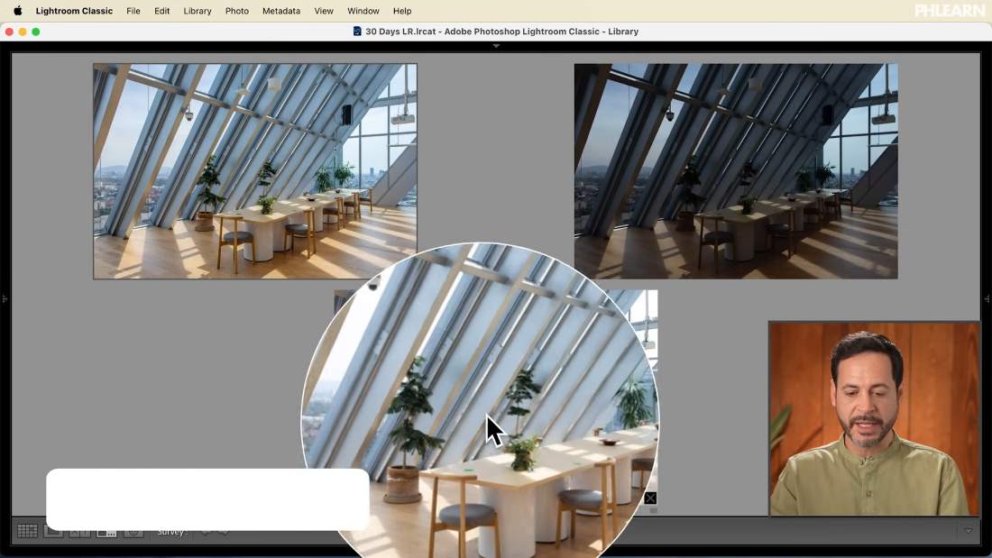 Comparing the overexposed frame, underexposed frame and merged HDR in Survey view