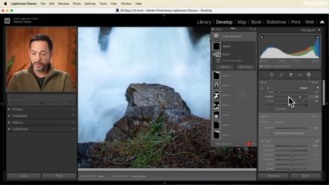 Intersecting a luminance range mask with a brush to target highlights on rocks in Lightroom Classic
