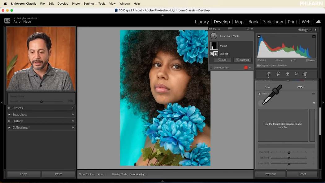 Inverting a subject mask and using Point Color inside it to shift the background hue in Lightroom Classic