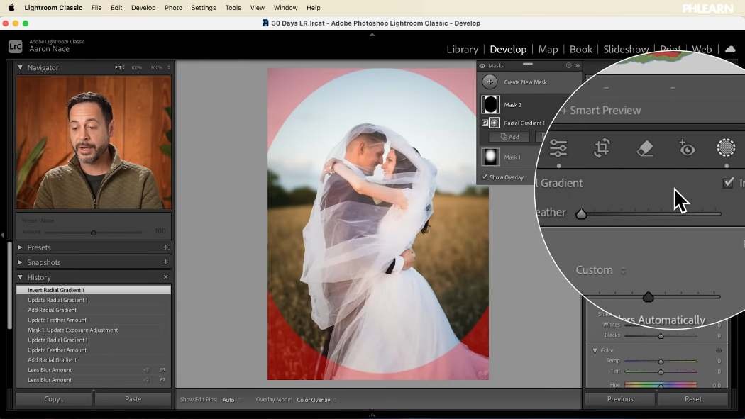 Inverting a radial gradient to build a soft vignette in Lightroom Classic