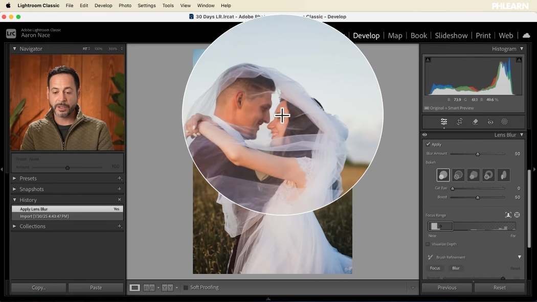 Setting the Focus Range with the target tool in the Lightroom Classic Lens Blur panel