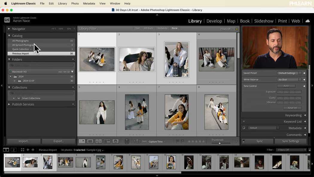 The Lightroom Classic Library module grid view with the Folders panel mirroring the computer