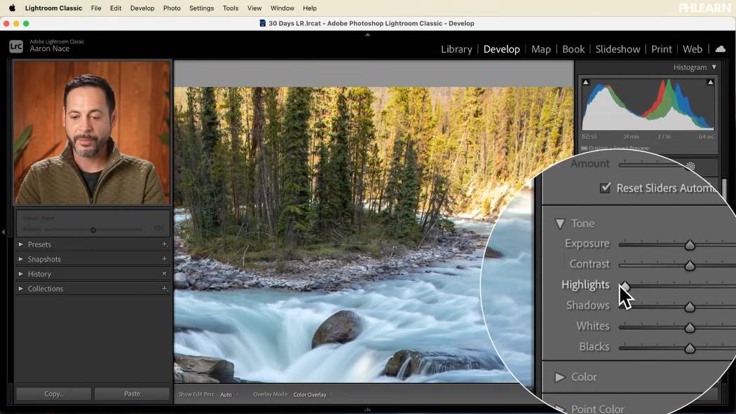 A linear gradient mask in Lightroom Classic using the Highlights slider to recover a bright sky