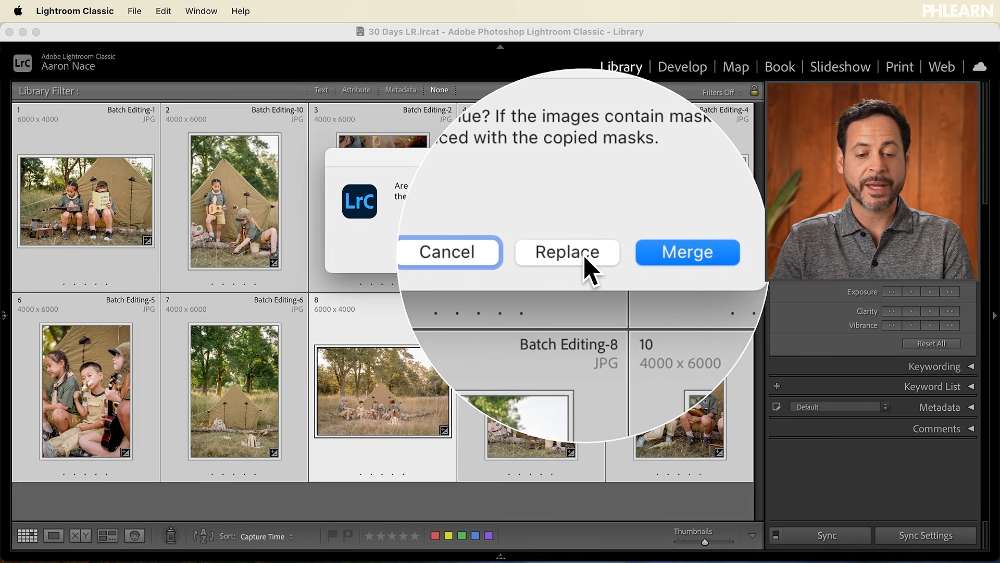 Choosing between merging and replacing existing masks when syncing in Lightroom Classic