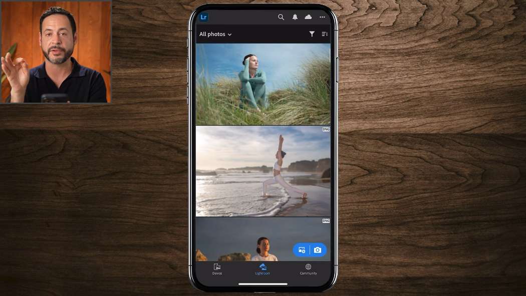 Adding photos to Lightroom Mobile from the device camera roll on a phone