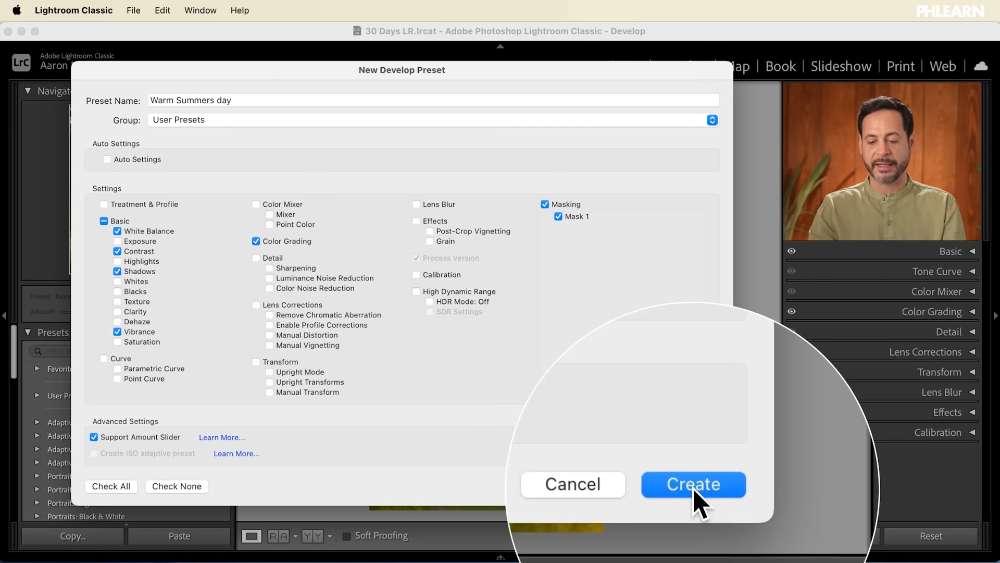 The New Develop Preset dialog in Lightroom Classic with the settings checkboxes and Create button