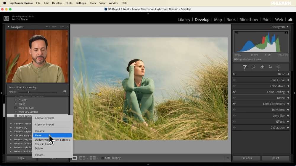 The preset right-click menu in Lightroom Classic showing Apply Amount and Update with Current Settings