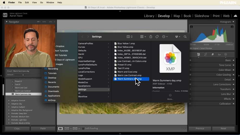 XMP preset files in the Lightroom Settings folder, ready to be shared or imported