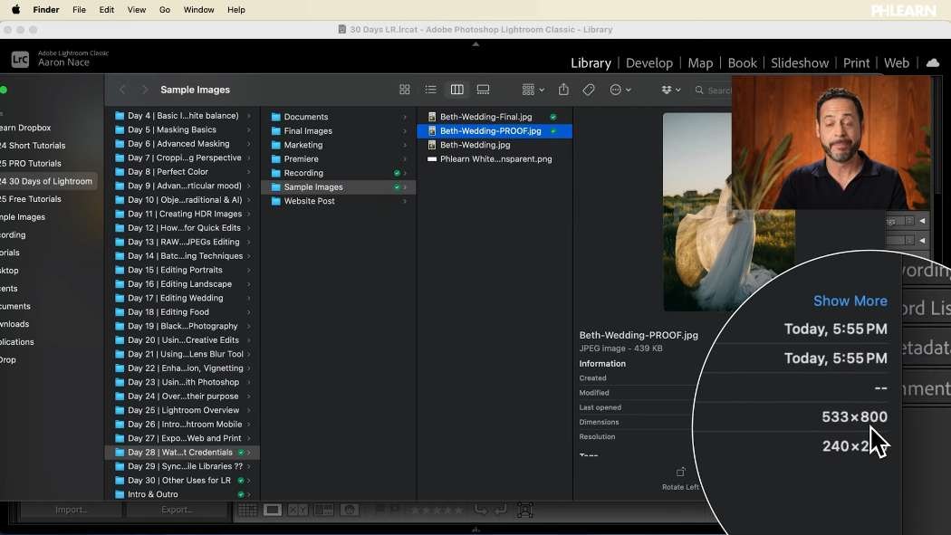 Comparing an 800 pixel watermarked proof with the full size final export from Lightroom