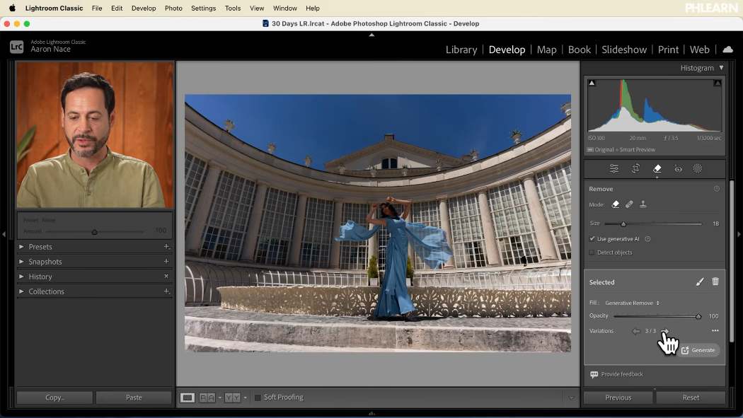 Cycling through generative removal variations in Lightroom Classic