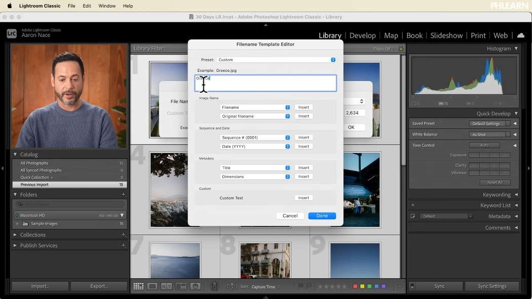The Rename Photos dialog and Filename Template Editor in Lightroom Classic
