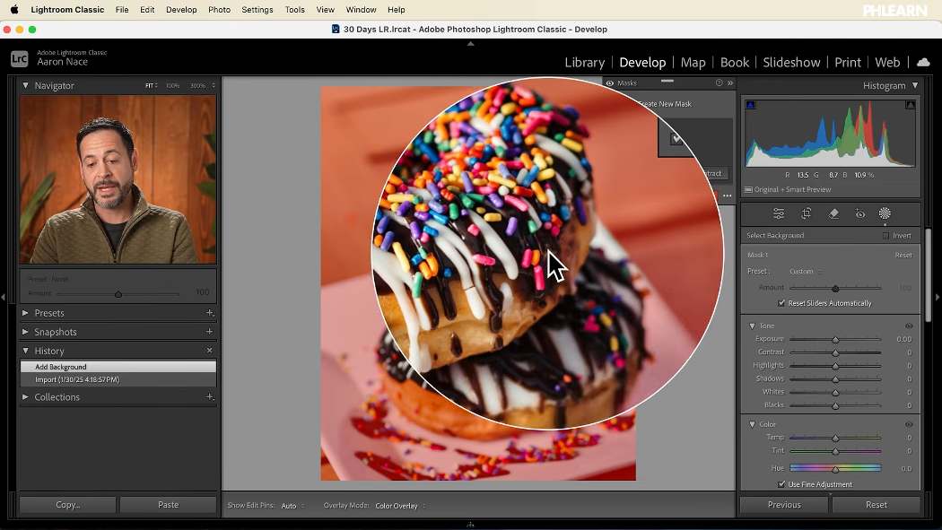 A Select Background mask darkening the backdrop behind a donut in Lightroom Classic