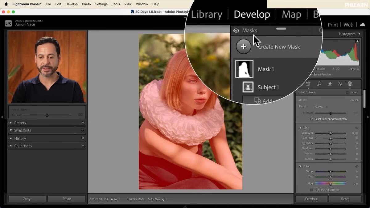 A subject mask in Lightroom Classic with the red overlay showing the selection