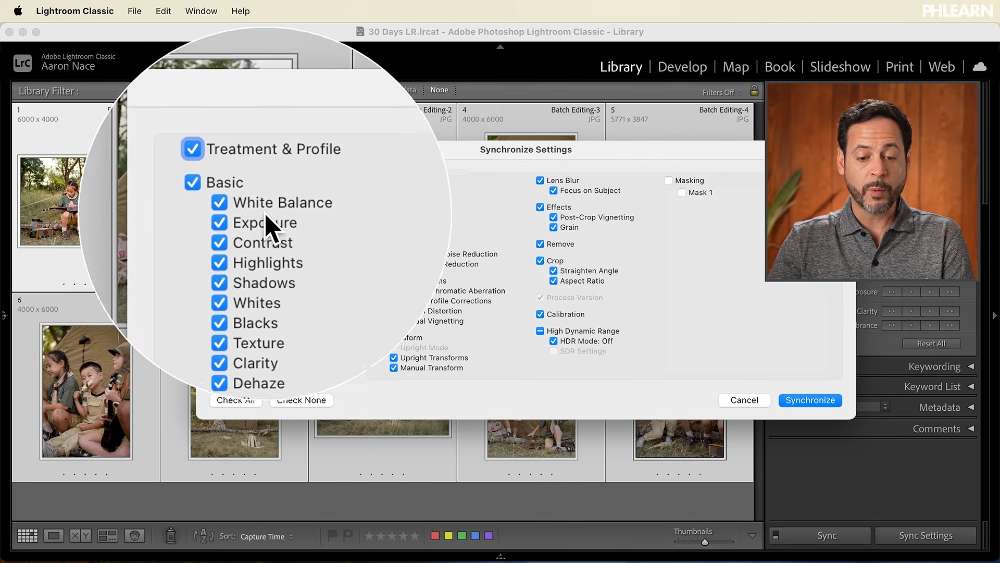 The Sync Settings dialog in Lightroom Classic with masking unchecked by default