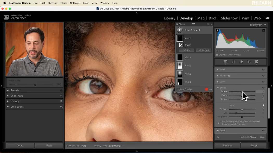 Adding Texture and Clarity inside a brush mask on a portrait in Lightroom Classic
