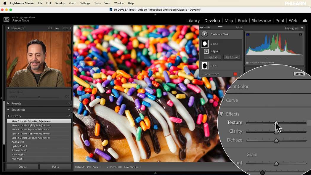 Adding Texture and Clarity inside a subject mask on a food photo in Lightroom Classic