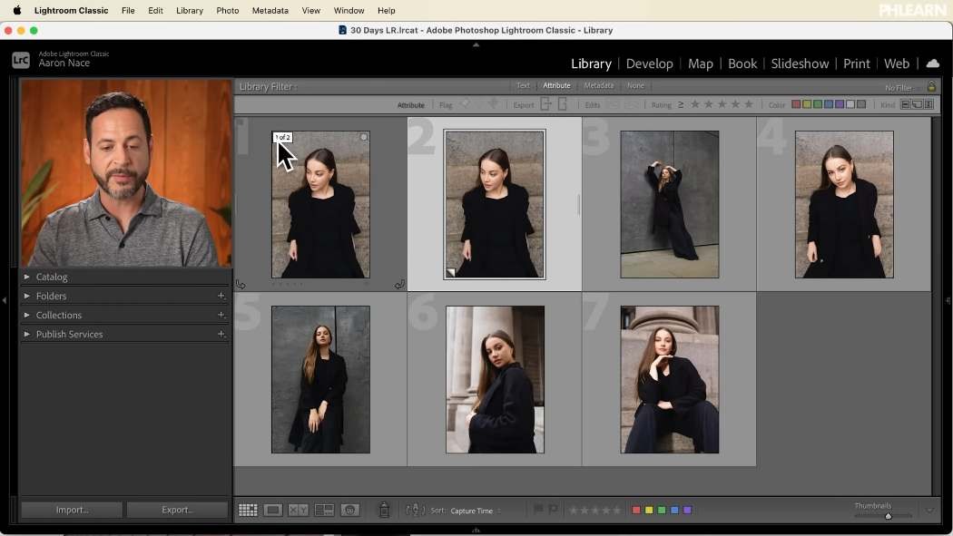 A virtual copy stacked with its original in Lightroom Classic, labelled 1 of 2